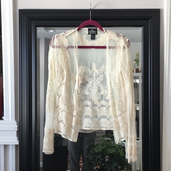Angie Sweaters - Angie Hippie Lace Embroidered Sheer Cardigan Small